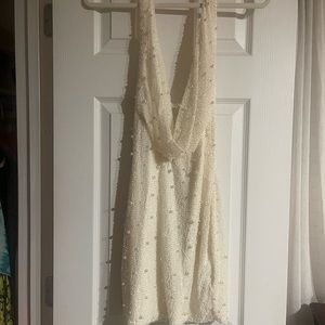 Oh Polly deep plunged embellished mini dress in white